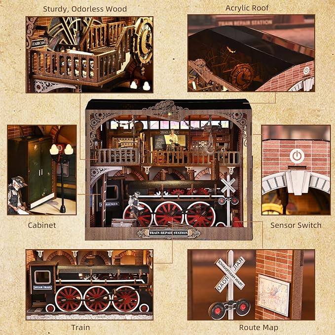 TOYQI Book Nook Kit, Book Nook Kits for Adults, DIY Miniature Dollhouse Kit 3D Wooden Puzzle Booknook Bookend with LED Light