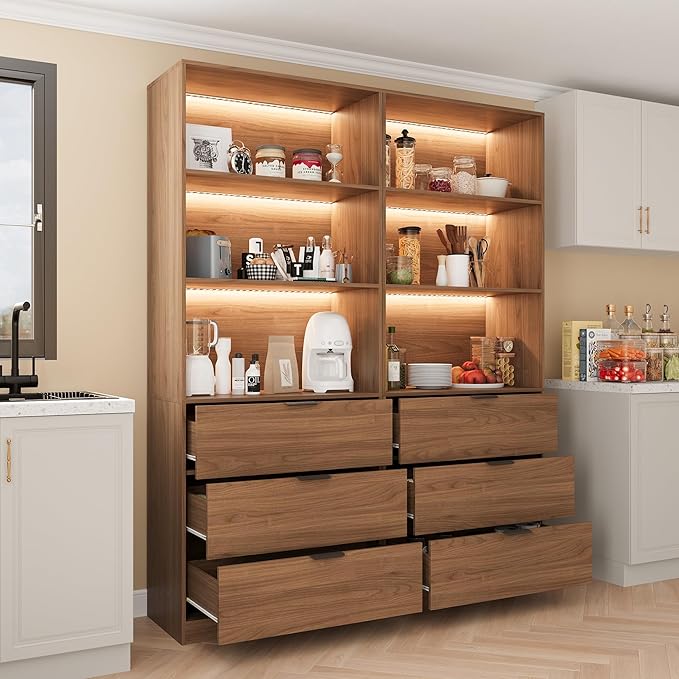 Mekminop 2 Piece Tall Bookcase Storage Cabinet with LED Lighting, Wooden Bookshelf with Drawers and Shelves, Storage Bookshelf for Living Room,Home Office,Walnut