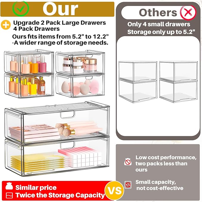 caktraie Acrylic Storage Drawers Set of 6, Clear Makeup Organizer, Plastic Organizer Bins for Beauty Supplies,Ideal for Vanity, Bathroom,Cabinet,Pantry Organization