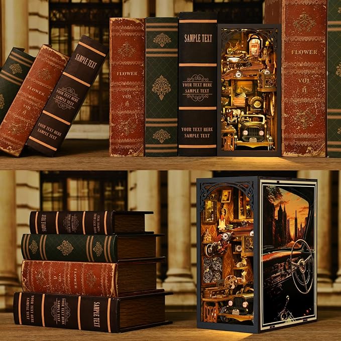 TOYQI Book Nook Kit, Book Nook Kits for Adults, DIY Miniature Dollhouse Kit 3D Wooden Puzzle Booknook Bookend with LED Light