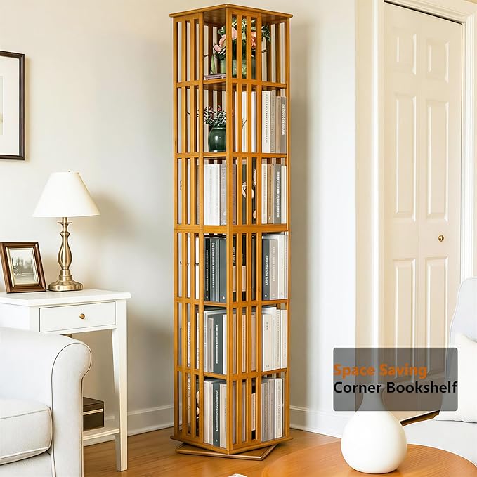 Lauxery Rotating Bookshelf Tower, 6-Tier 360° Bamboo Spinning Bookcase – Narrow Revolving Book Shelf, Floor Standing Space-Saving Storage Book Shelves for Small Space, Corner & Home Office | Walnut