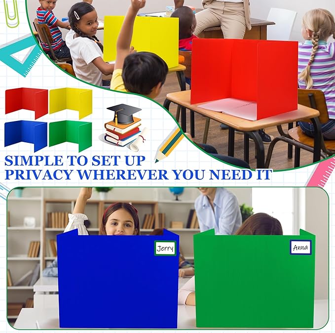 12 Pack Desk Divider for Students Assorted Colors Classroom Privacy Boards with Name Labels Easy to Clean Plastic Guard Shields for School Desks