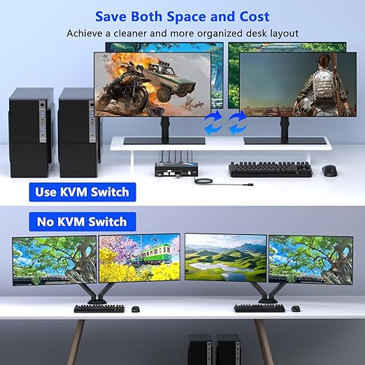 DisplayPort KVM Switch 2 Monitors 2 Computers, 4K@60Hz KVM Switches Dual Monitor with 4 USB3.0 Port Sharing Keyboard Mouse Printer, Computer Switch Monitor Switch for 2 Computers, DisplayPort Switch
