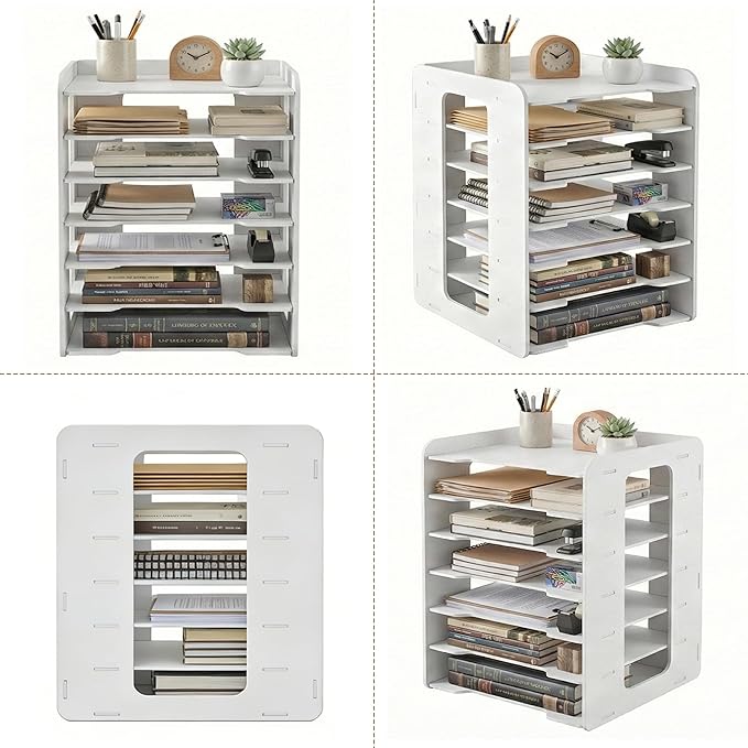 Desk Organizer, 7-Tier File Organizer for Desk, Letter Tray Paper, Desktop Document Sorter for Letter, File Folder Holder with Pen Holder for Office, Home or School- White MLT001W7