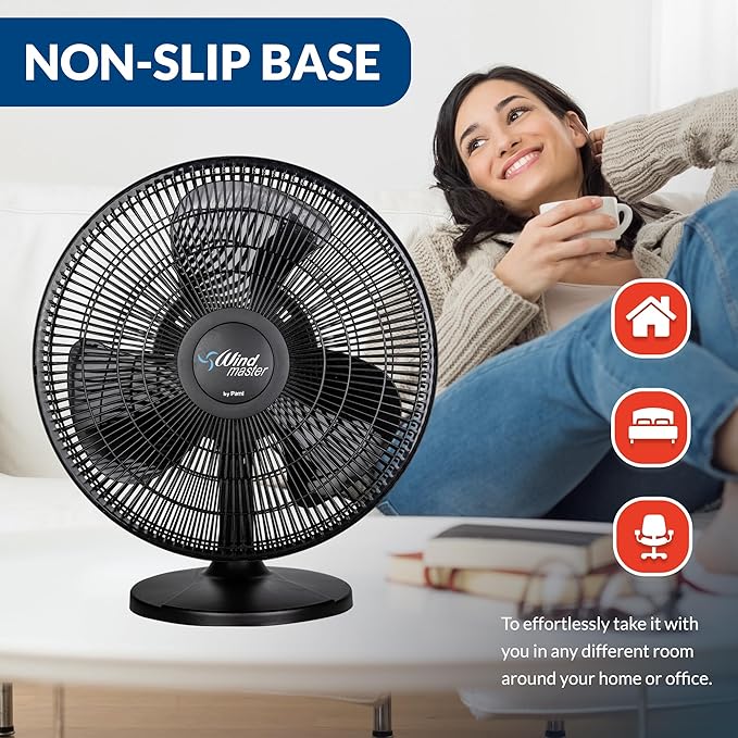 PAMI Oscillating Desk Fan - Portable Table Top Fan With 3 Speed Levels, Large Blades & Adjustable Tilt- Max Air Flow Office Desk Fan- Electric Cooling Fan For Bedroom Home Dorm Office (Black, 12'')