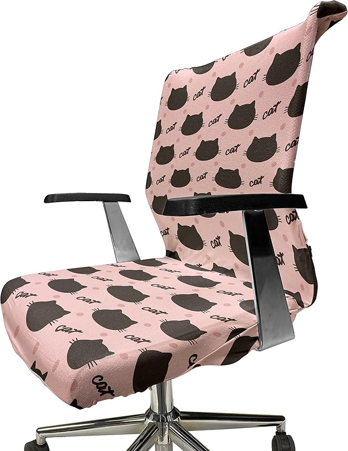 Ambesonne Cat Office Chair Cover, Kitted Head Silhouettes Hand Writing and Dots Design Abstract on Blushy Tone Back, Stretchable Decorative Universal Size High Back Printed Slipcover, Seal Brown Coral