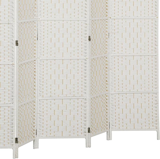 HOMCOM Room Divider 6 Panel, 6FT Tall Folding Privacy Screen, Freestanding Hand-Woven Partition for Room Separation with 360° Hinges, Paper Rope Diamond Weave, White