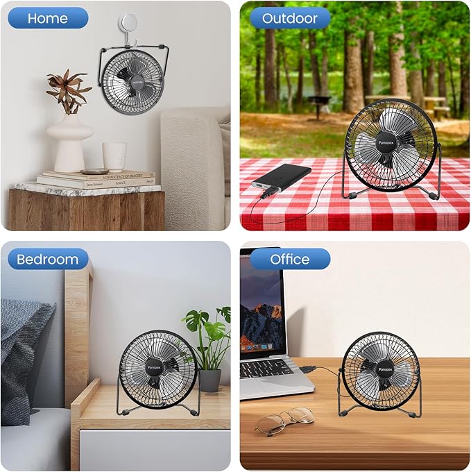 Fanspex 6" USB Desk Fan, Small Desktop Fans for Home Office Bedroom, Metal Construction with 360° Adjust Tilt, 1800 RPM Fan Speed