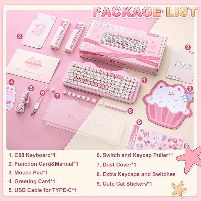 YUNZII C98 Wireless Mechanical Keyboard with Number Pad,99 Key BT5.0/2.4G/USB-C Hot Swap Gasket Mount with PBT MOA Keycaps,Custom RGB,Cute Cake Keyboard for Win/Mac (Pink, Candy Linear Switch)
