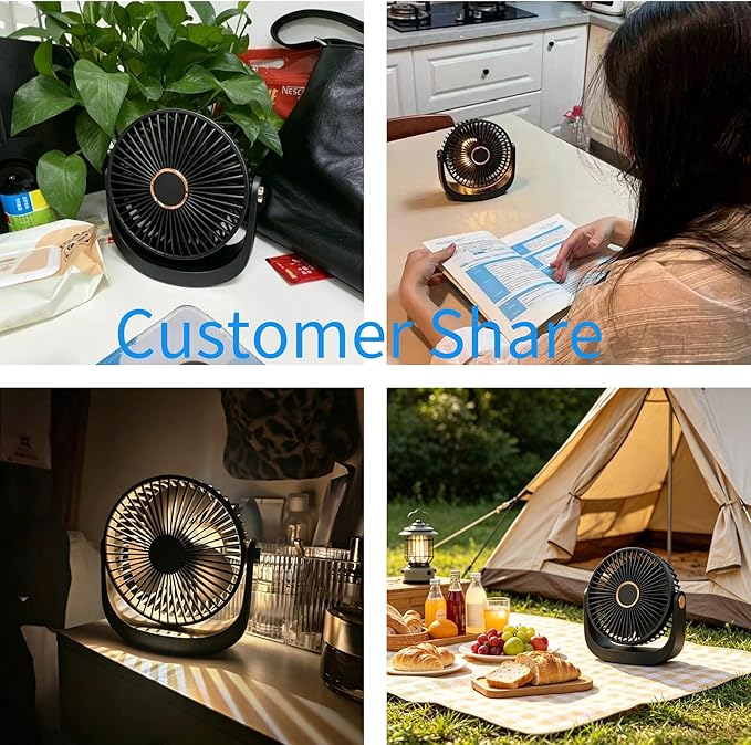 Portable Desk Fan, Rechargeable Table Fan with Night Light USB Electric Desktop Air Circulator Fans, 3000MAh Powerful with 5 Speed 360° Adjustable for Cooling Home Dorm Office Bedroom Bathroom Kitchen