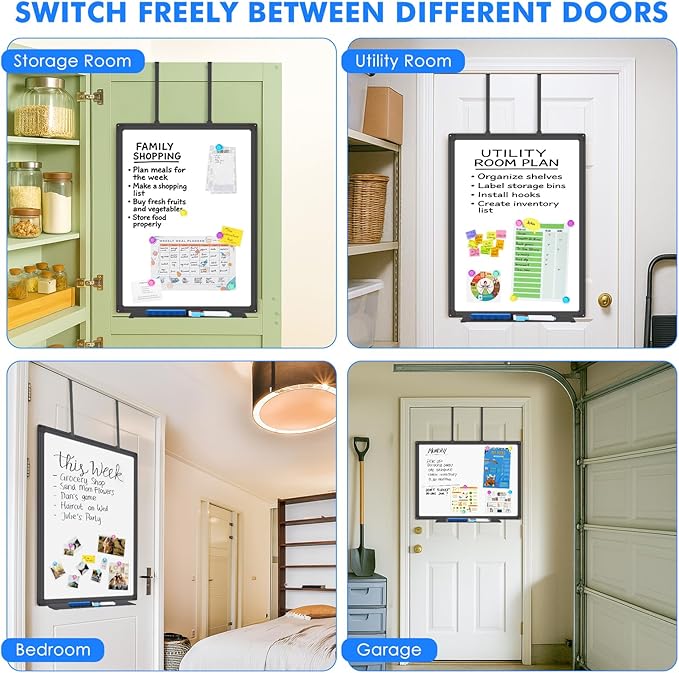 Magnetic Dry Erase Board for Doors, 30x20 Inch Whiteboard with Adjustable Long Arm Hook Mount - Easy to Install, Portable Hanging White Board for Home, Dorm Room, Office Cubicle & Small Spaces(Black)
