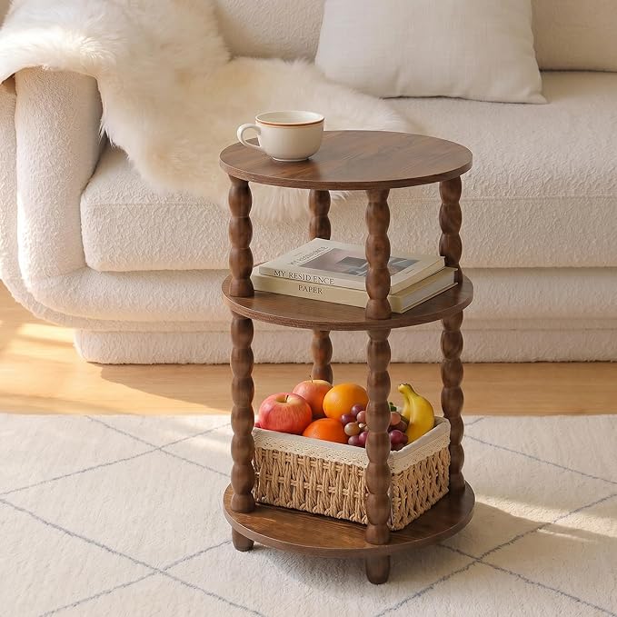 Round Side Table with 3-Tier Shelves, Small End Table with Solid Wood Legs for Living Room Bedroom, Modern Circular Coffee Table Nightstand for Small Spaces, Easy No-Tool Assembly