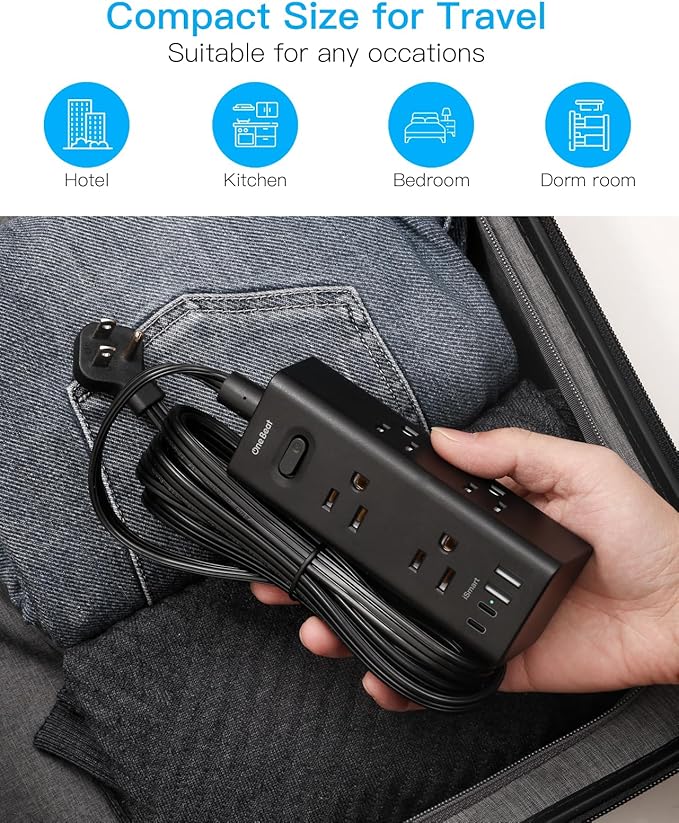 10Ft Extension Cord with Multiple Outlets, Flat Plug Power Strip Surge Protector with 10 Ft Long Cord, 6 Outlet 3 USB Ports (1 USB C), Multi Outlet Wall Plug for Travel, Dorm Room Essentials-Black