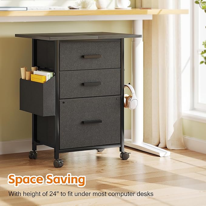 Mexin 3 Drawer File Cabinet with 24'' Extended Desktop, Mobile Filing Cabinet, Printer Stand, Rolling Printer Stand with Side Bag, Fabric Drawer, Fits A4 Size, Home Office, Black