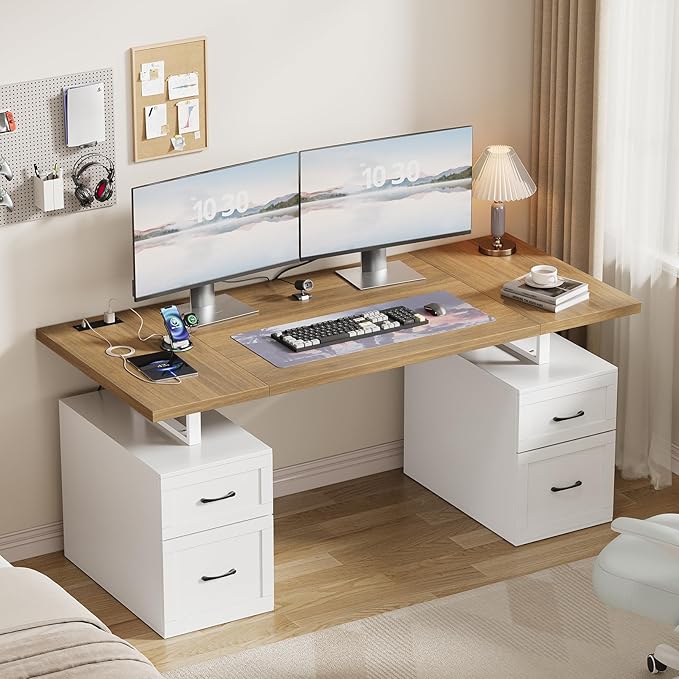 Farmhouse Desk with Drawers & Power Outlet, White Home Office Desk with Adjustable File Organizer, 71" Executive Desk with Storage, Computer Desk with Privacy Panel