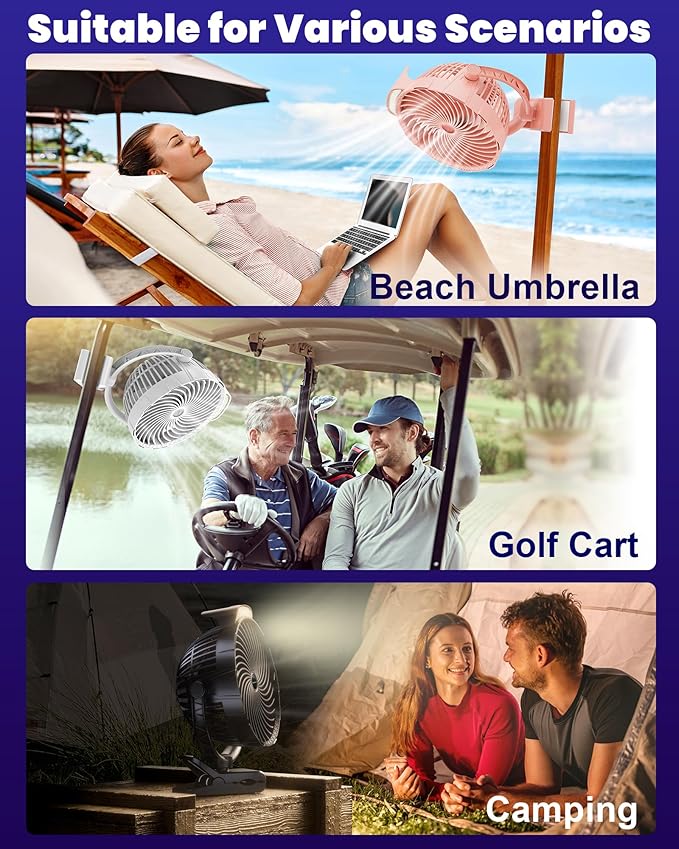 10000mAh Clip on Fan, 8-Inch Golf Cart Fan Rechargeable with LED Light, 9 Speeds Strong Airflow, Ultra Quiet, 30Hrs Runtime, 360° Rotation, Cooling for Bed Camping Office Desk Dorm, Black