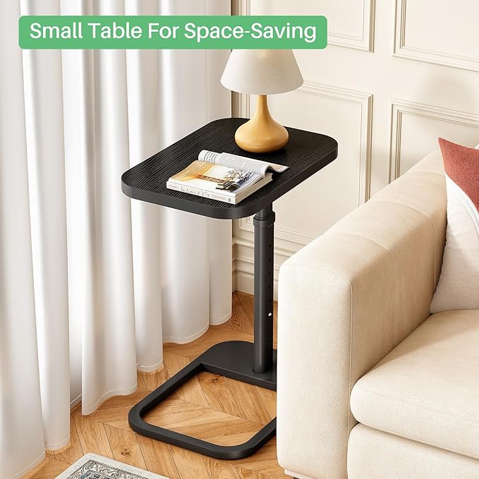 Kitstorack Adjustable Height C-Shaped End Table, 9-Level Side Table with Metal Rounded Edge, Couch Table that Slides Under Sofa or Bed for Eating, Working, and Drinks, TV Tray for Small Spaces, Black