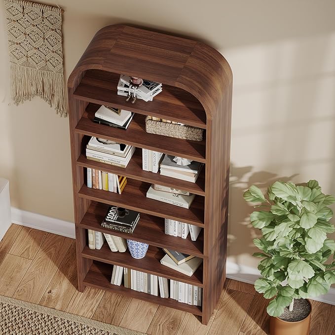 LEVNARY 70" Tall Arched Bookcase, 7-Tier Freestanding Storage Cabinet with Adjustable Shelves, Thick MDF Bookshelf for Bathroom Living Room Bedroom (Walnut)