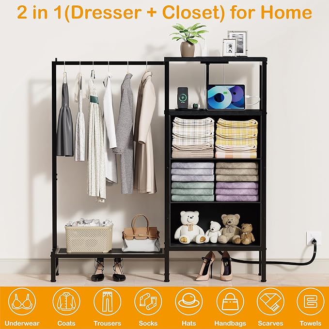 Dresser for Bedroom with Hanging Rack, 3 Drawers Closet with Charging Station, Fabric Chest of Drawers with Clothes Rack, Storage Organzier for Hallway Entryway, Black