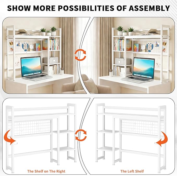 Desktop Shelf, 38.5'' Desktop Organizer Shelf for Computer Monitor, 4 Tier Hutch Storage Rack for Home Office Dorm, White