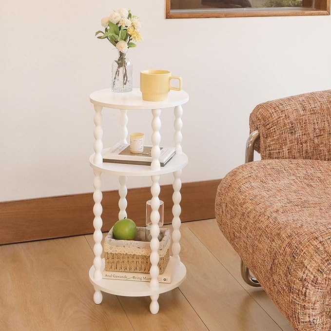 AWASEN Small Round Side Table, White End Table with 3-Tier Open Shelf for Small Spaces, Round Bedside Table Nightstand for Bedroom, Living Room, Office, White