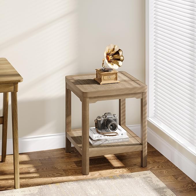 Eclatara End Table Set of 2, Farmhouse Square Nightstand with 2 Tier Boho Rattan Shelves, Protective Round Edge, Ultra-Thick Stable Legs Side Tables for Bedroom, Caramel Oak