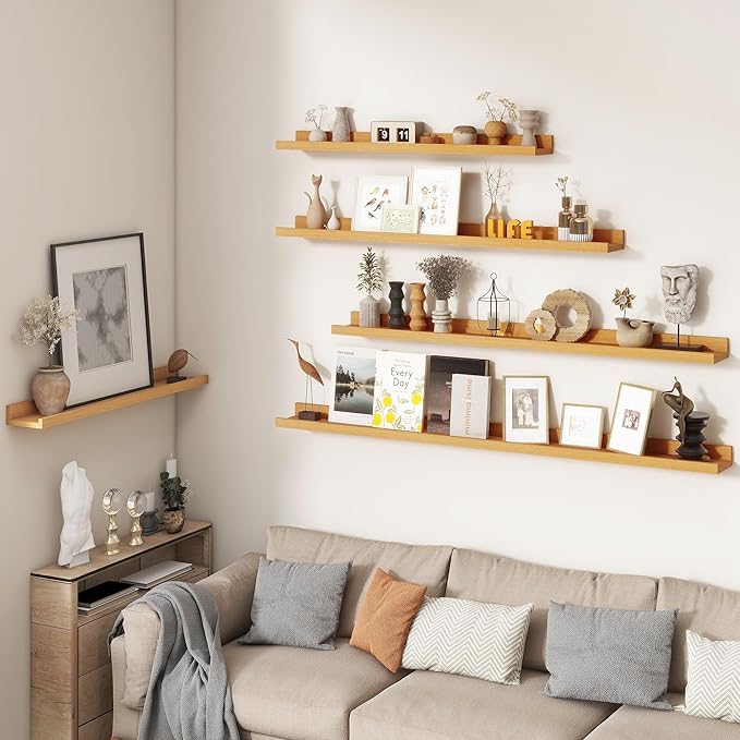 FLYJOE Picture Ledge Shelf, Floating Shelves Set of 2, 32 Inches Nursery Book Shelves for Toys Storage, Kids Bookshelf Wall Mounted for Living Room Bedroom Decor Books Photo Frames, Natural Oak