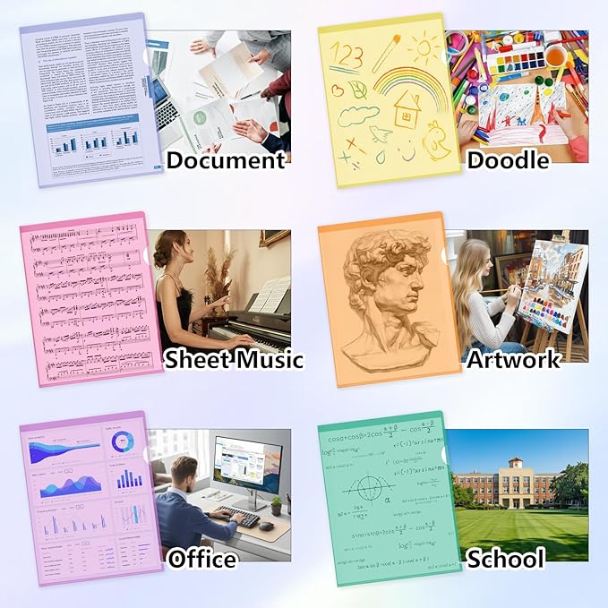 HOUYEE 30 Pack Clear Document Folders, L-Type Plastic File Folder Sleeves, Project Folders Paper Sheet Protectors for 8.5" x 11" Letter Size, for Home, Office, and School Use (6 Assorted Colors)