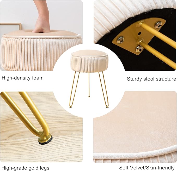 LUE BONA Pleated Vanity Stool, Velvet Upholstered Round Modern Stool for Makeup Room, Ottoman Footrest with Metal Legs for Living Room, Bedroom, Champagne