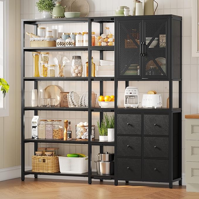 HAUOMS Corner Bookshelf, 6 Tier Industrial Convertible Bookshelf with 6 Fabric Drawers, Corner Bookcase Large L Shaped Storage Display Shelf for Home Office, Living Room, Kitchen, Black