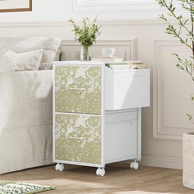 VINGLI 2 Drawer File Cabinet with Side Bag, Rolling File Cabinet Mobile Under Desk File Cabinet with Wheels, Fabric Drawers Printer Stand for Home Office, Fits Letter Size, White Green