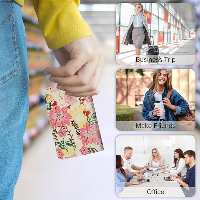Business Card Holder,PU Leather Business Card Case Color Printing Pattern Card Holder Wallet,Pockets Magnetic Credit Card Holders for Men and Women - Red Yellow Flowers