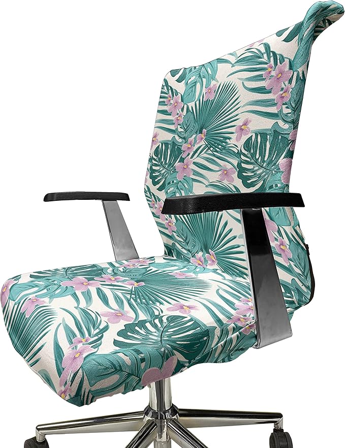 Ambesonne Tropical Office Chair Cover, Continued Layout of Palm Leaves Jungle Coconut Monstera Summer Art, Stretchable Decorative Universal Size High Back Printed Slipcover, Teal Purple