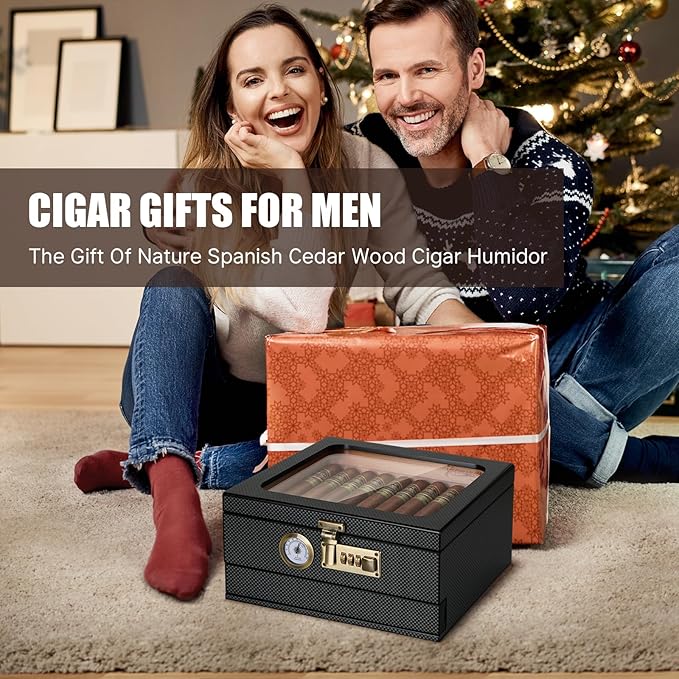 Tesonway Cigar Humidor, Cedar Wood Humidor Cigar Box, Glass Top Desktop Humidor with Front Hygrometer, Humidifier, Divider, Accessories Drawer and Combination Lock, Cigar Gifts for Men (Carbon Black)