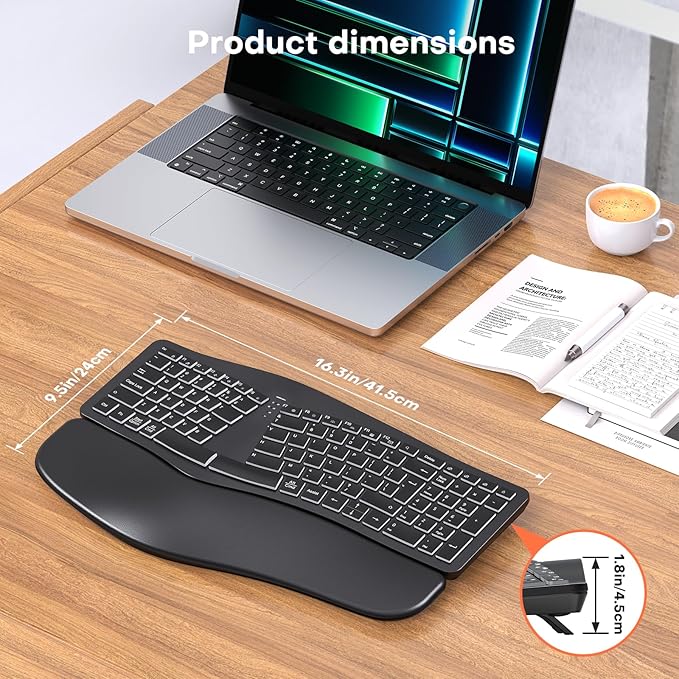 MOKURU Wireless Ergonomic Keyboard, Split Keyboard with Wrist Rest, Full Size 2.4G BT Computer Keyboard, Compatible with Windows, Mac OS, PC Computer/Laptop (Black)