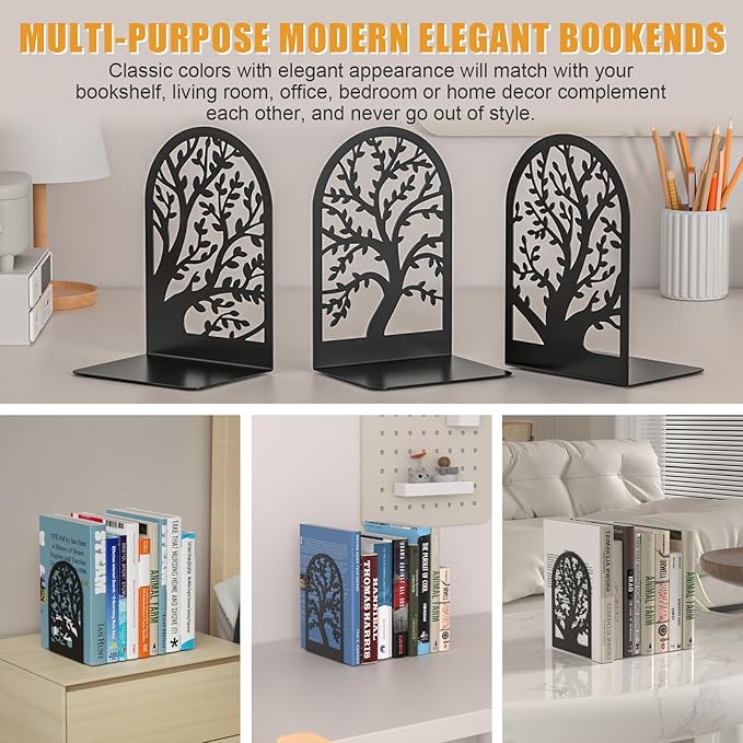 VFINE Bookend 3 Pairs, Decorative Book End, Bookends for Shelves, Desktope Book Ends, Book Stopper to Hold Books, Unique Black Metal Tree Book Holder for Home Office