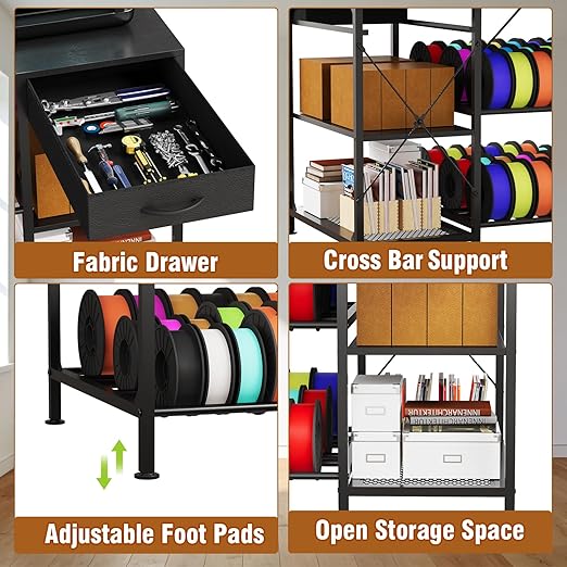 3D Printer Table with Filament Storage, 3-Tier 3D Printer Stand with Power Outlet & Drawer, Heavy Duty 3D Printer Rack for Workshop Studio Office (Black)