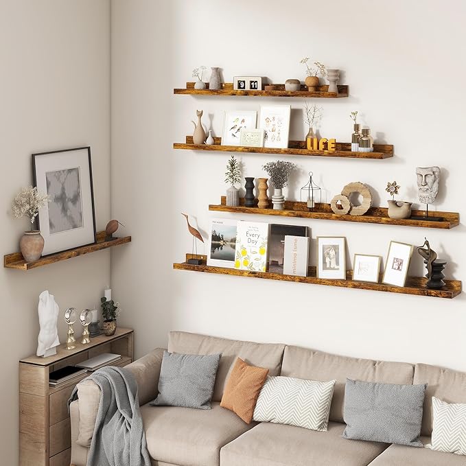 FLYJOE Picture Ledge Shelf, Floating Shelves Set of 2, 24 Inches Nursery Book Shelves for Toys Storage, Kids Bookshelf Wall Mounted for Living Room Bedroom Decor Books Photo Frames, Rustic Brown