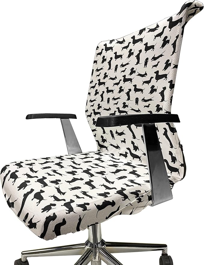 Ambesonne Dog Lover Office Chair Cover, Monochrome Dachshunds Numerous Stances Active Life Pet Canine Abstract Image, Stretchable Decorative Universal Size High Back Printed Slipcover, Black and White