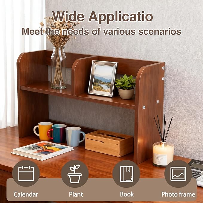 Desktop Bookshelf,Wood Desk Organizer Shelf with 2-Tier Display Rack for Computer Table,Multipurpose Countertop Storage Hutch for Home Office Dorm,Walnut