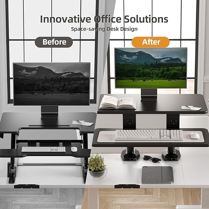 Claiks 24-Inch Sit-Stand Workstation,Innovative Space-Saving Height-Adjustable Ergonomic Desk Converter with Wide Keyboard Tray,Dual Fixation and Flexible Rotation Function, Black