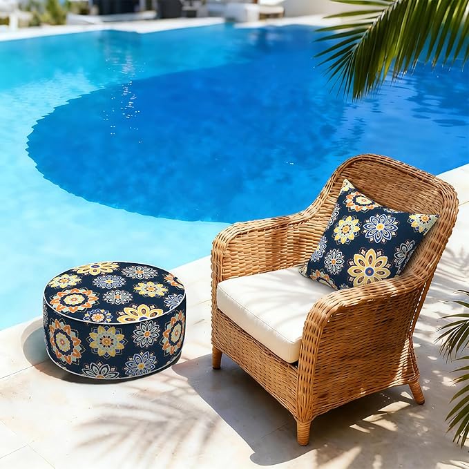 LVTXIII Inflatable Stool Ottoman Footrest with Handle, Decorative Fade-Resistant Foot Stool, Indoor or Outdoor Pouf for Home Garden and Camping Use, D21 x W 21 x H9, Bloom Medallion Cobalt
