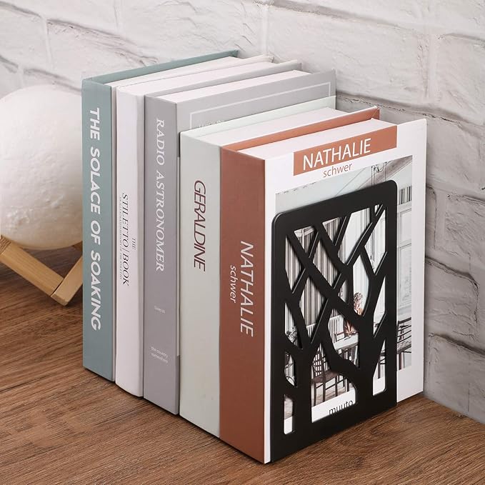 MaxGear Book Ends Tree Design Modern Bookends for Shelves, Non-Skid Bookend, Heavy Duty Metal Book Stopper for Books/CDs, Decorative Book Shelf Home, 7 x 4.7 x 3.5”, Black (6 Pair/12 Pieces, Large)