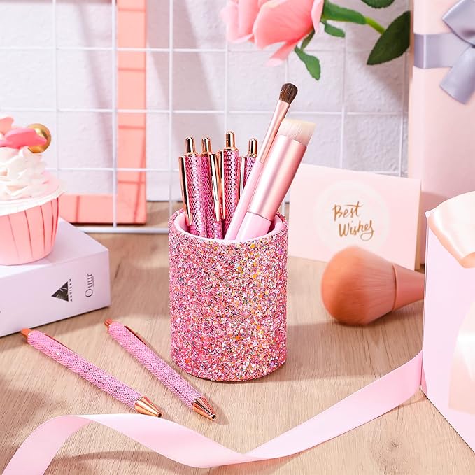 BBTO Bling Sequin Pen Holder with 6 Pcs Sequin Click Pens Cute Glitter Retractable Ballpoint Pens, Pencil Cups for Desk Organizer Makeup Brush Holder for Women Girls Classroom Offices(Pink)