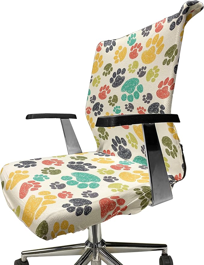 Ambesonne Dog Lover Office Chair Cover, Hand Drawn Paw Print Doodles Circular Pattern Drawing Style Animal, Stretchable Decorative Universal Size High Back Printed Slipcover, Charcoal Beige