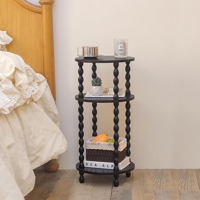 AWASEN Small Round Side Table, Black End Table with 3-Tier Open Shelf for Small Spaces, Round Bedside Table Nightstand for Bedroom, Living Room, Office, Black