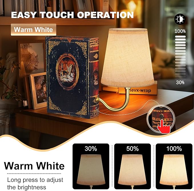 Gold Warm Light Vintage Bookshelf Lamp Rechargeable, Cordless Bookcase Lamp with Linen Shade, Dimmable Touch Control Table Lamp, Modern Decorative Bookend, Bookshelf Lights for Office Home