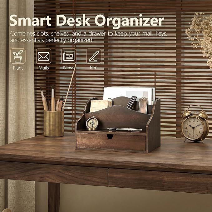 Rebee Vision Acacia Wood Mail Organizer for Desk – Farmhouse Countertop Mail Holder with Dividers – 4-Slot Letter Sorter for Key & Jewelry– Desktop Organizer for Home Decor (Dark Acacia)