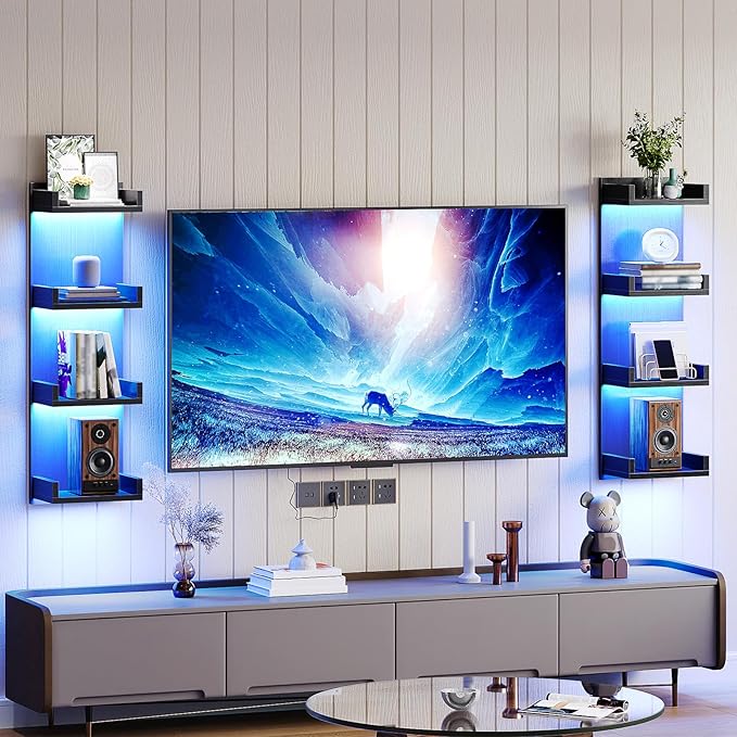 HOOBRO Floating Wall Shelves with LED Lights, Floating Shelf Wall Mounted for Storage, Vertical Display Stand, Modern Column Rack, for Bedroom, Livingroom, 4-Tier, 35.8 Inches, Black, BK41DBJ01