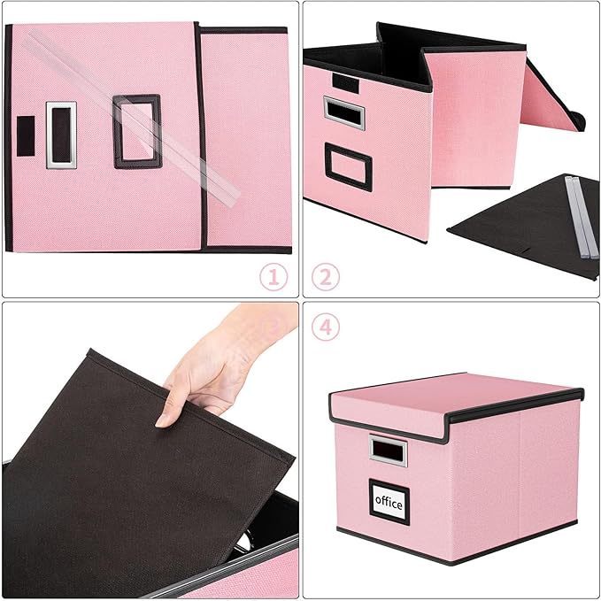 File Organizer Box with Lid, Collapsible File Folder Organizer for Office Document Storage, Filing Box with Plastic Slide for Letter Size Hanging File Folders(1 Pack, Pink)